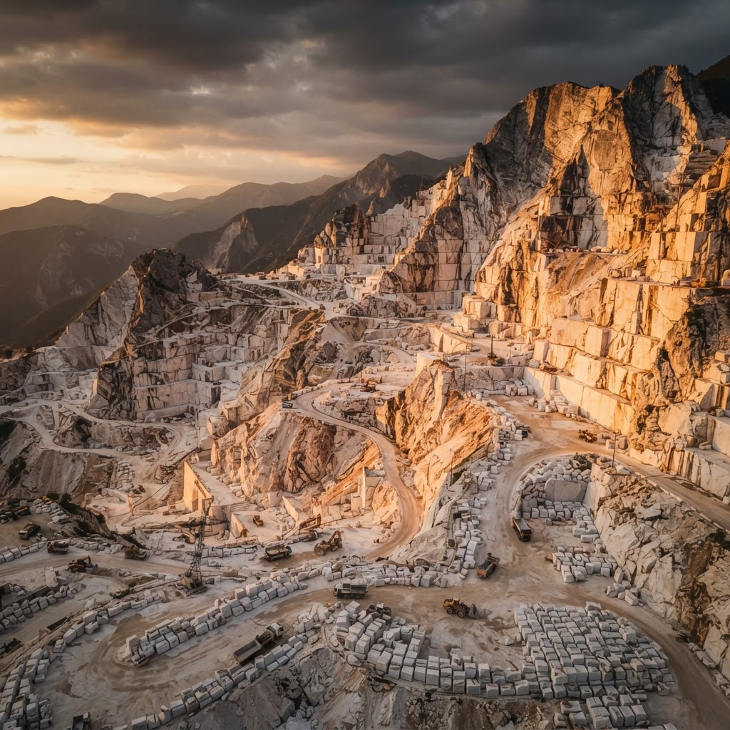Carrara marble quarry at golden hour — the origin of Chandak Marble